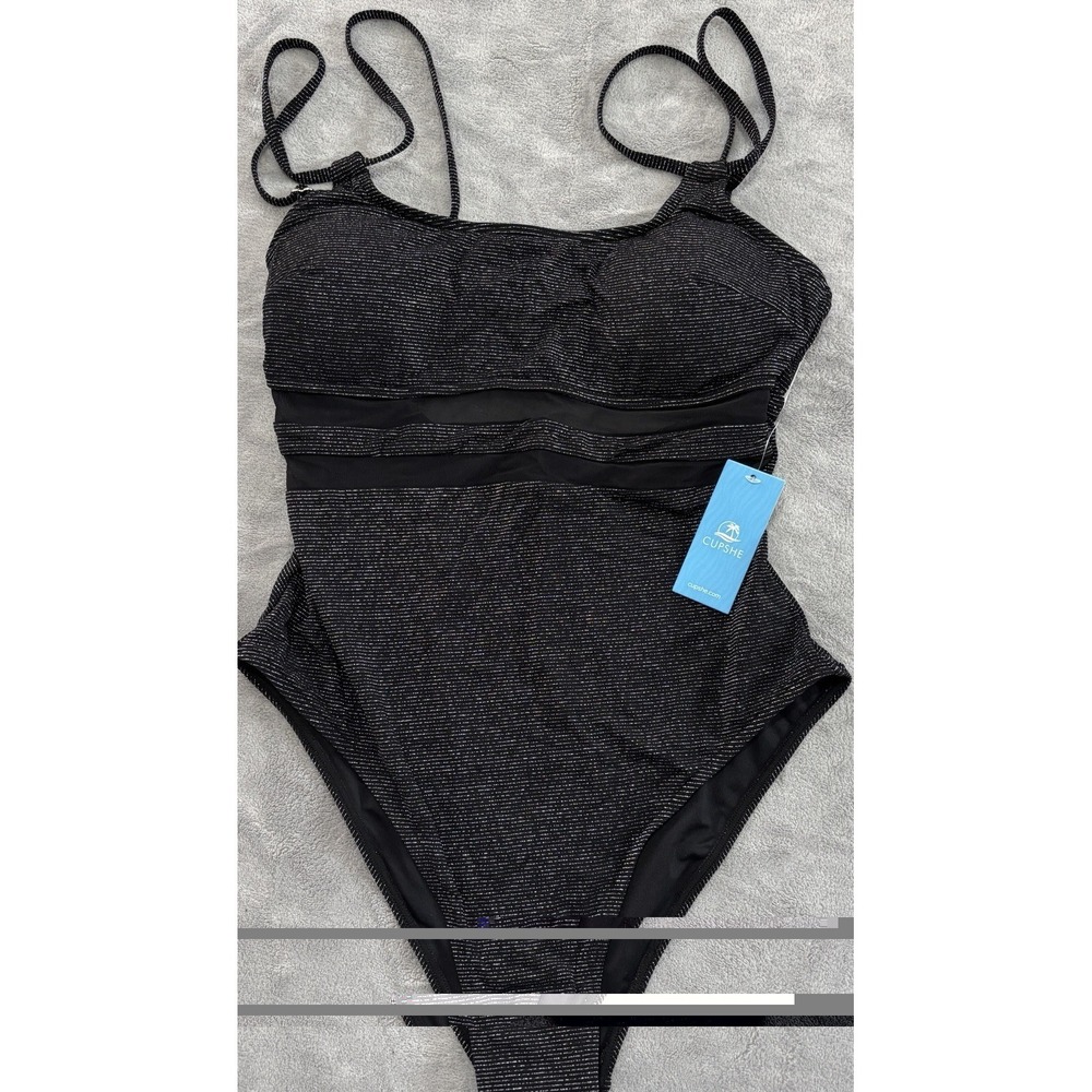 Cupshe One Piece Swimsuit Womens Medium Black Glitter Stripedโ Adjustable Straps